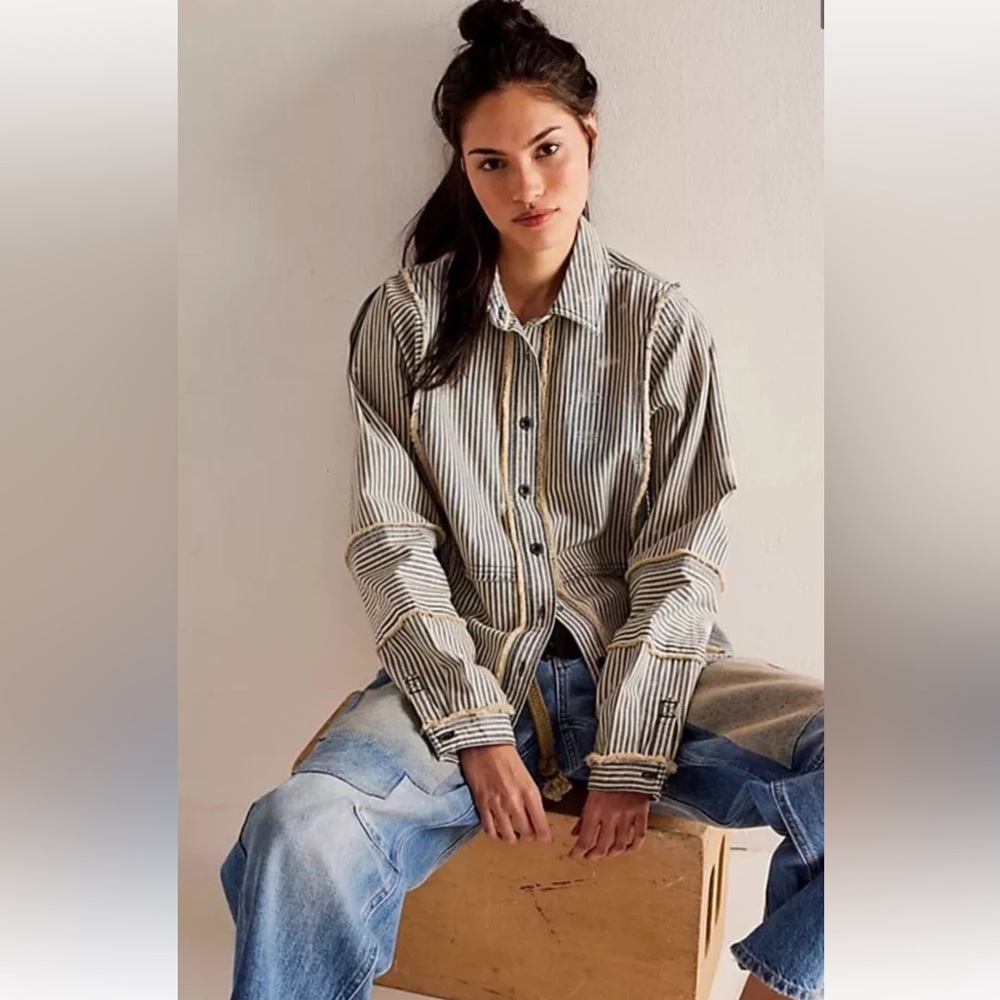 Free People Railroad Stripe Shirt Denim We The Free Distressed Frayed Slouchy
